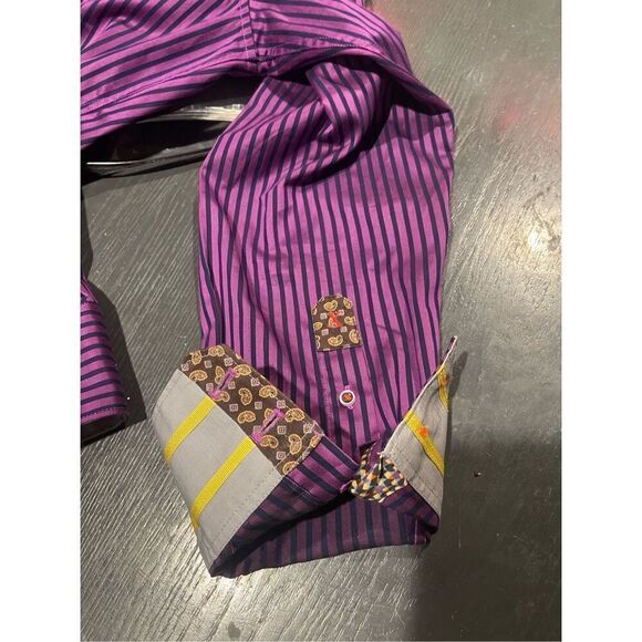 Men’s Robert Graham Purple Navy Striped Contrasting Cuff Long Sleeve Shirt Size - Picture 6 of 12